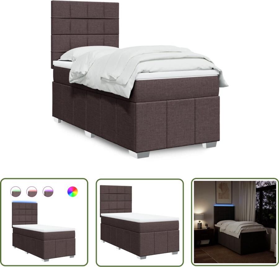 VidaXL Boxspring met matras stof donkerbruin 100x200 cm Boxspring Matras Led Verlichting Hoofdbord Pocketvering