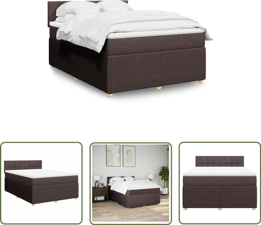 VidaXL Boxspring met matras stof donkerbruin 140x190 cm Boxspring Matras Bed Frame Donkere Bruine Kleuren Pocketvering