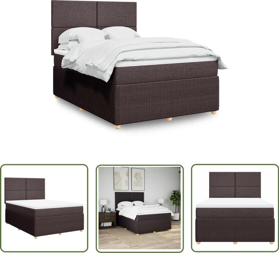 VidaXL Boxspring met matras stof donkerbruin 140x200 cm Boxspring Matras Bed Frame Donkere Kleuren Houten Poten