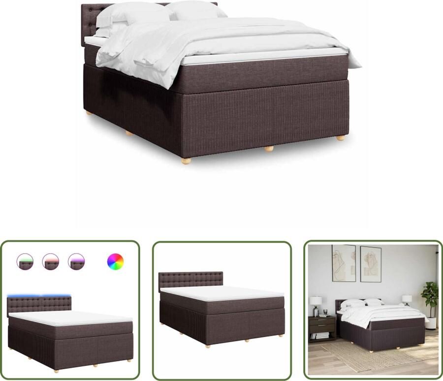 VidaXL Boxspring met matras stof donkerbruin 140x200 cm Boxspring Matras Led Verlichting Bedroom Furniture Dark Brown