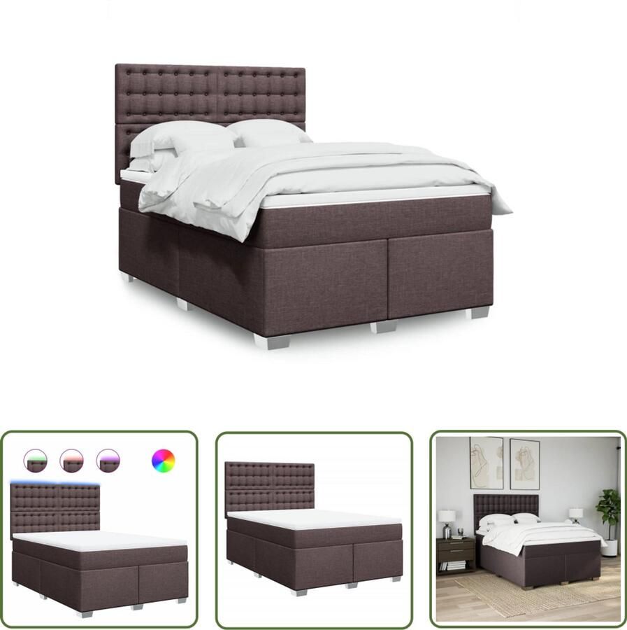 VidaXL Boxspring met matras stof donkerbruin 140x200 cm Boxspring Matras Led Verlichting Hoofdbord Bedroom Furniture