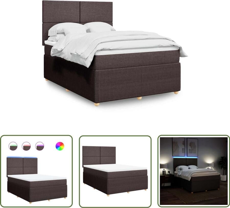 VidaXL Boxspring met matras stof donkerbruin 140x200 cm Boxspring Matras Led Verlichting Hoofdbord Pocketvering
