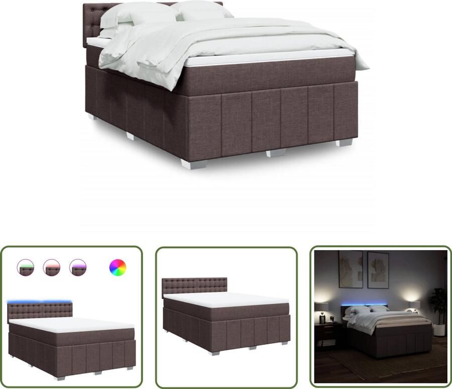 VidaXL Boxspring met matras stof donkerbruin 140x200 cm Boxspring Matras Led Verlichting Pocketvering Dark Brown