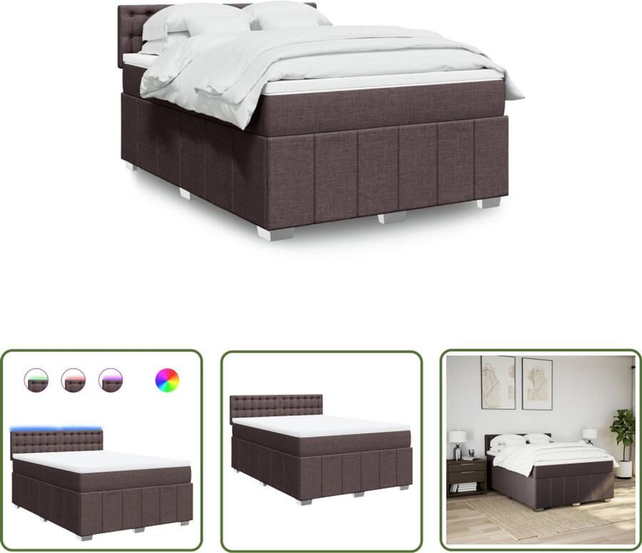 VidaXL Boxspring met matras stof donkerbruin 160x200 cm Boxspring Matras Led Verlichting Dark Brown Slaapcomfort