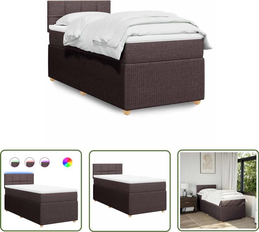 VidaXL Boxspring met matras stof donkerbruin 90x190 cm Boxspring Matras Led Verlichting Dark Brown Bedroom Furniture