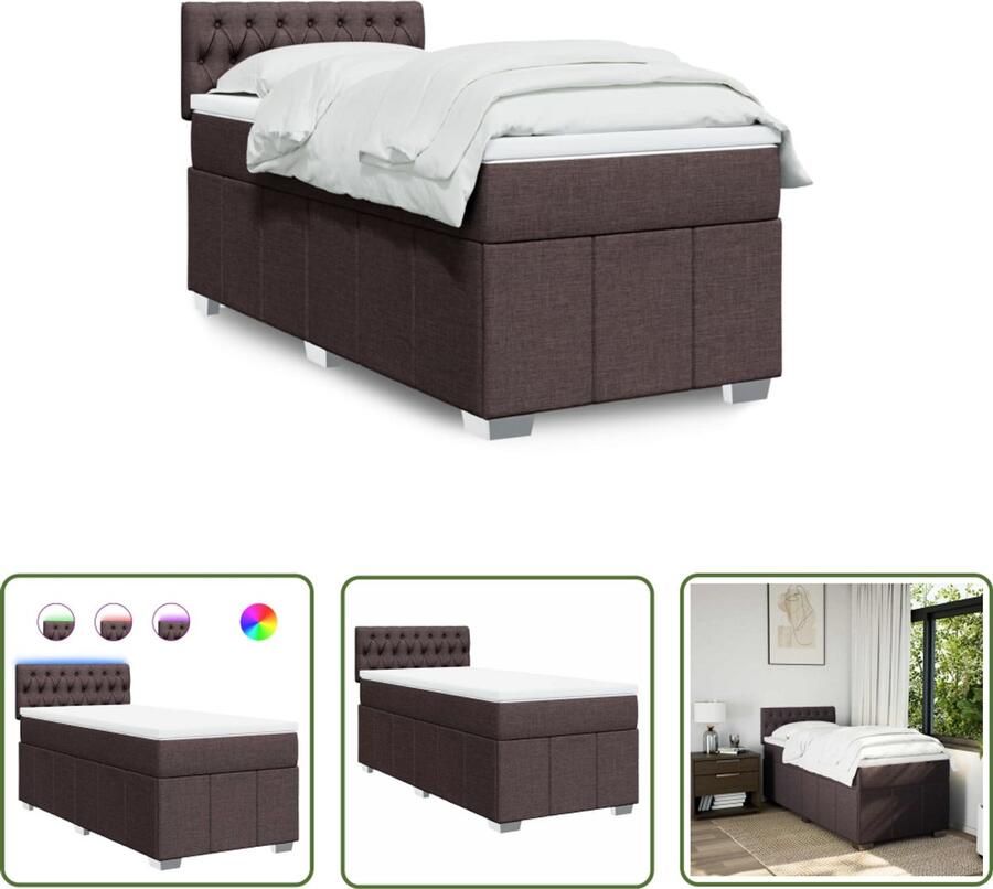 VidaXL Boxspring met matras stof donkerbruin 90x200 cm Boxspring Matras Led Verlichting Pocketvering Dark Brown