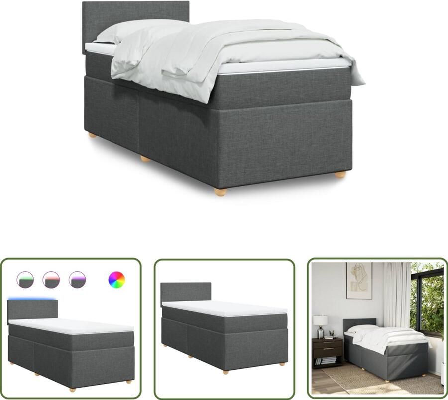 VidaXL Boxspring met matras stof donkergrijs 100x200 cm Boxspring Matras Led Verlichting Donkere Kleur Comfortabel Bed