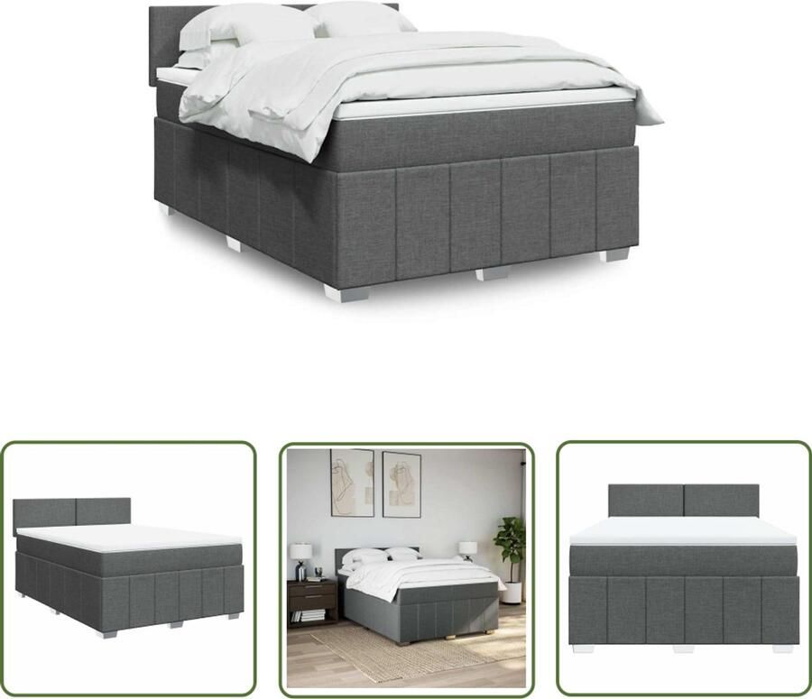 VidaXL Boxspring met matras stof donkergrijs 140x190 cm Boxspring Matras Bed Frame Donkere Kleur Pocketvering