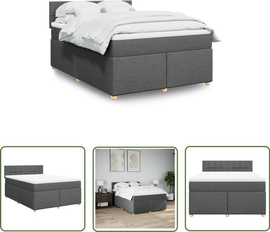 VidaXL Boxspring met matras stof donkergrijs 140x190 cm Boxspring Matras Bed Frame Donkere Kleuren Slaapkamer Decoratie