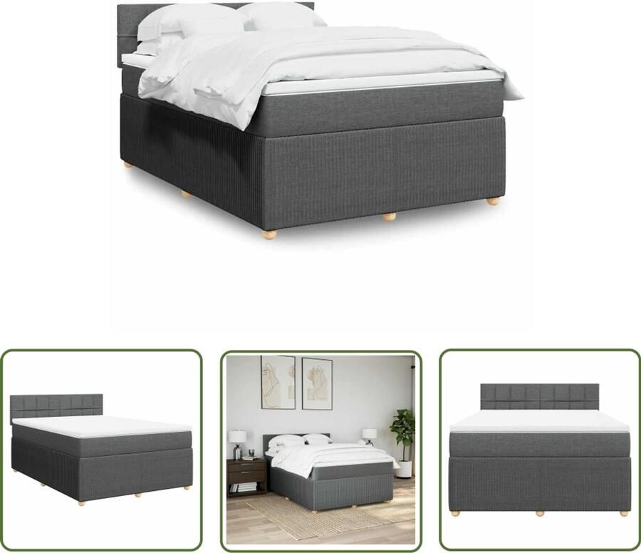 VidaXL Boxspring met matras stof donkergrijs 140x190 cm Boxspring Matras Bed Frame Slaapcomfort Donkere Grijze Kleuren