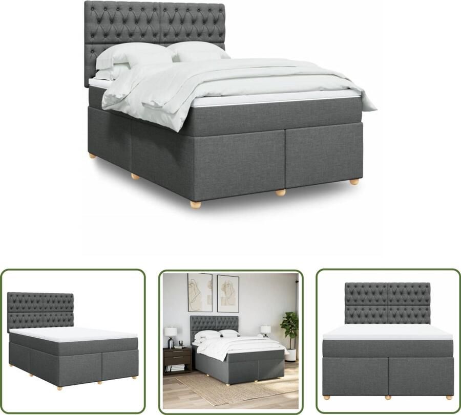 VidaXL Boxspring met matras stof donkergrijs 140x190 cm Boxspring Matras Bed Frame Slaapcomfort Nacht