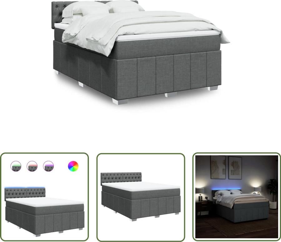 VidaXL Boxspring met matras stof donkergrijs 140x190 cm Boxspring Matras Led Verlichting Pocketvering Slaapcomfort
