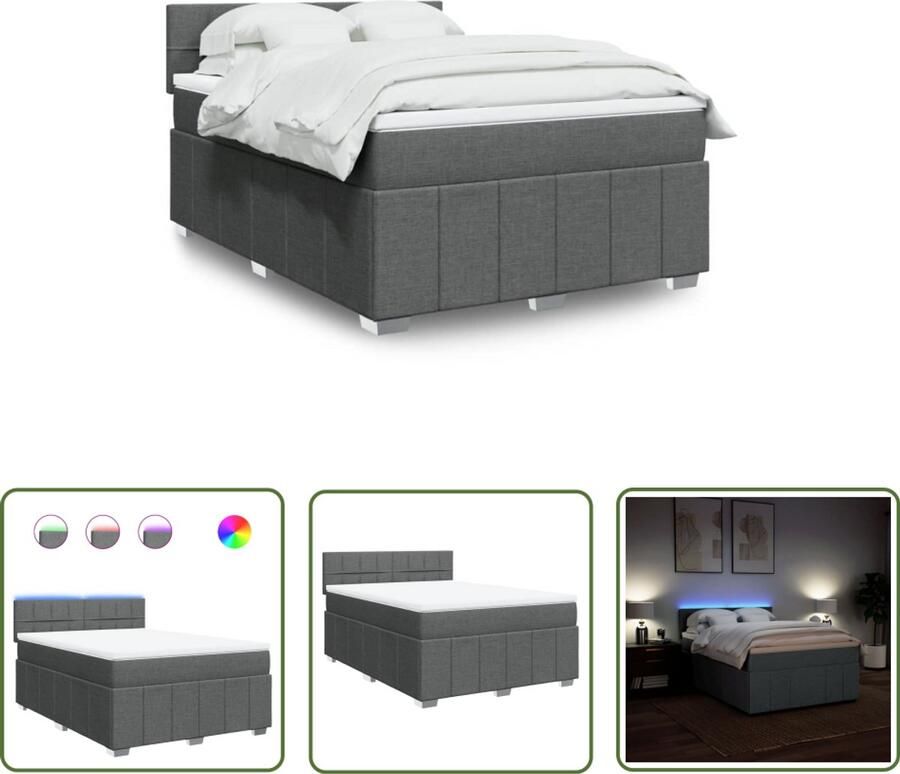 VidaXL Boxspring met matras stof donkergrijs 140x190 cm Boxspring Matras Led Verlichting Slaapcomfort Bedroom Decoratie