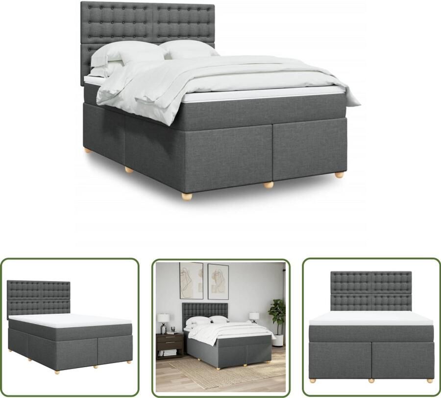 VidaXL Boxspring met matras stof donkergrijs 140x190 cm Boxspring Matras Pocketvering Bed Frame Hoofdbord
