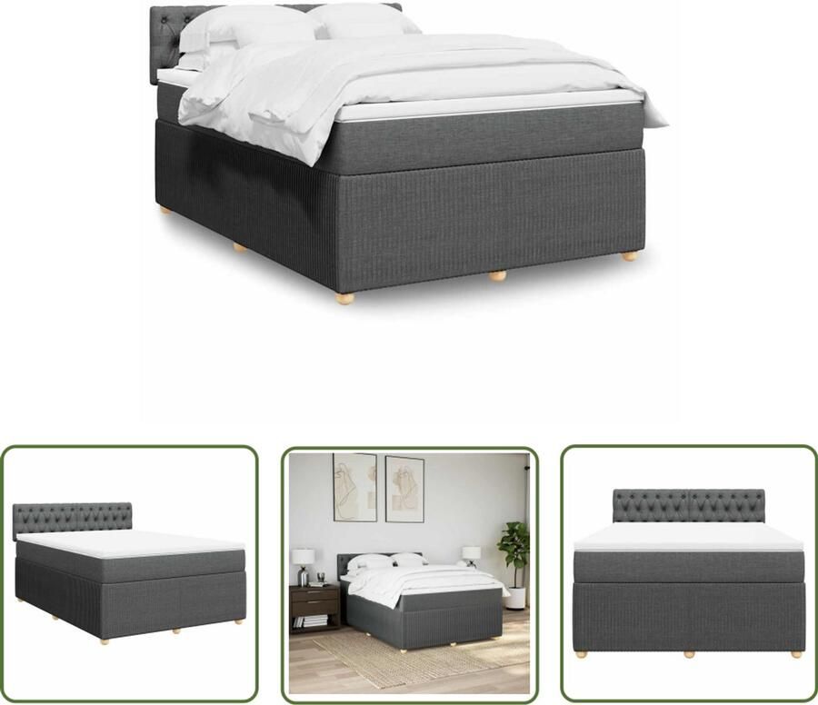 VidaXL Boxspring met matras stof donkergrijs 140x190 cm Boxspring Matras Slaapcomfort Donkere Kleuren Houten Poten