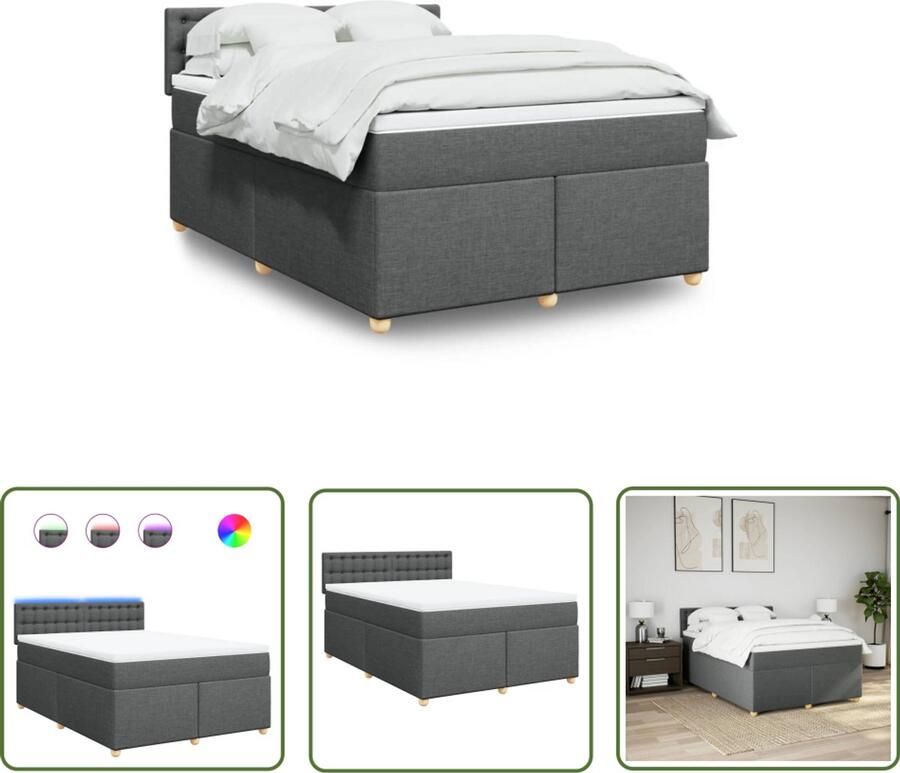VidaXL Boxspring met matras stof donkergrijs 140x200 cm Boxspring Matras Led Verlichting Bedroom Furniture Dark Grey