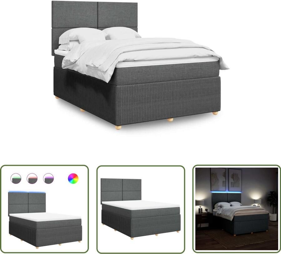 VidaXL Boxspring met matras stof donkergrijs 140x200 cm Boxspring Matras Led Verlichting Dark Grey Bedroom Furniture