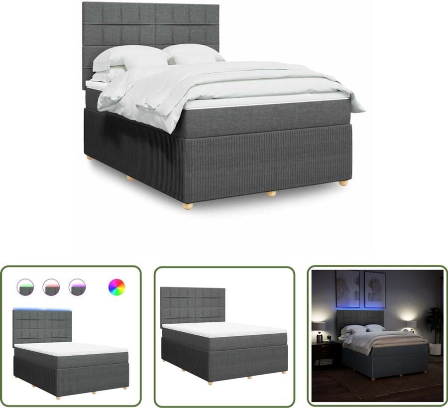 VidaXL Boxspring met matras stof donkergrijs 140x200 cm Boxspring Matras Led Verlichting Elektrisch Verstelbaar Pocketvering