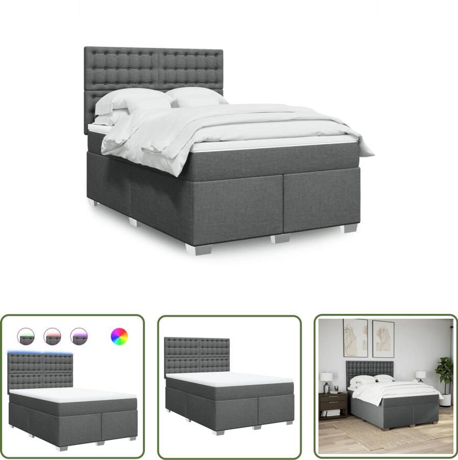 VidaXL Boxspring met matras stof donkergrijs 140x200 cm Boxspring Matras Led Verlichting Hoofdbord Donkere Grijze Kamer