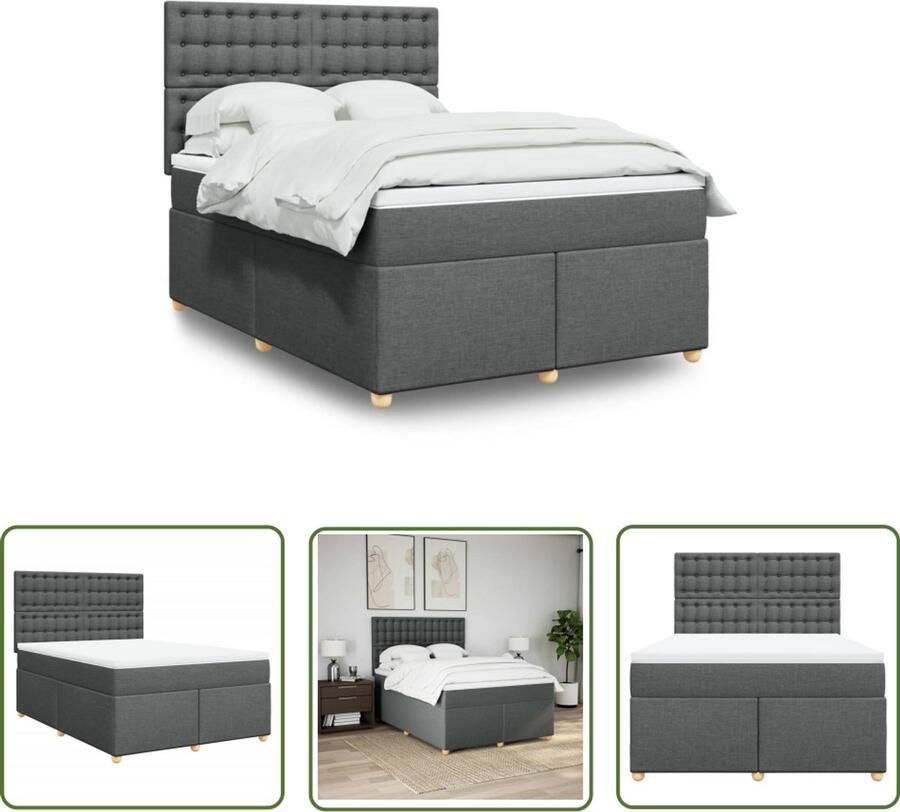 VidaXL Boxspring met matras stof donkergrijs 140x200 cm Boxspring Matras Slaapcomfort Bed Frame Donkere Kleuren