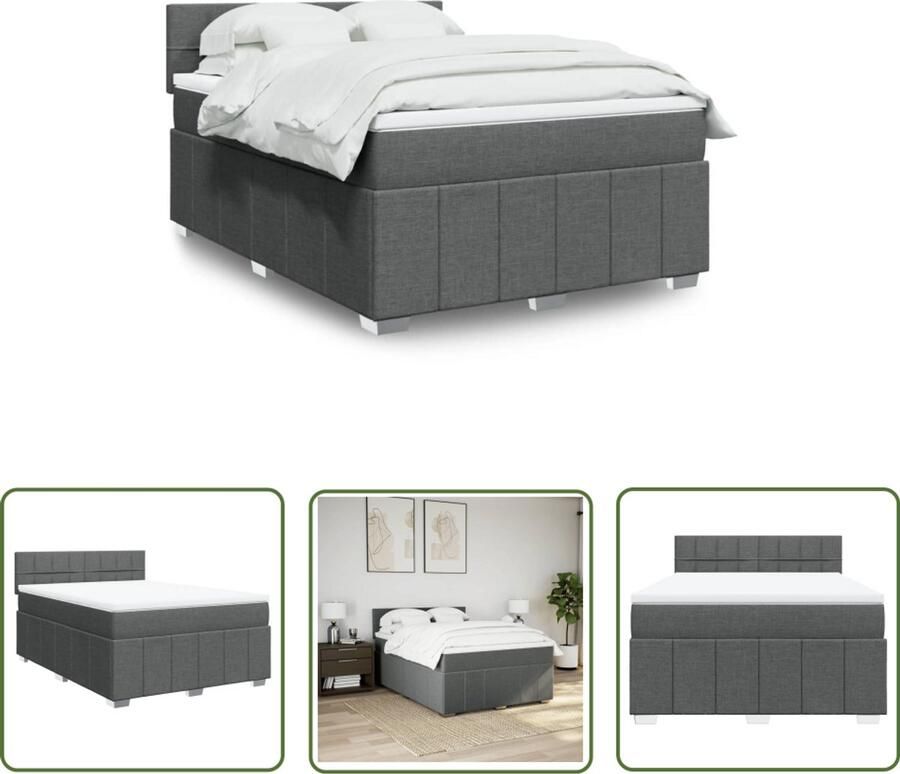 VidaXL Boxspring met matras stof donkergrijs 160x200 cm Boxspring Matras Bed Donkere Grijze Kleur Pocketvering