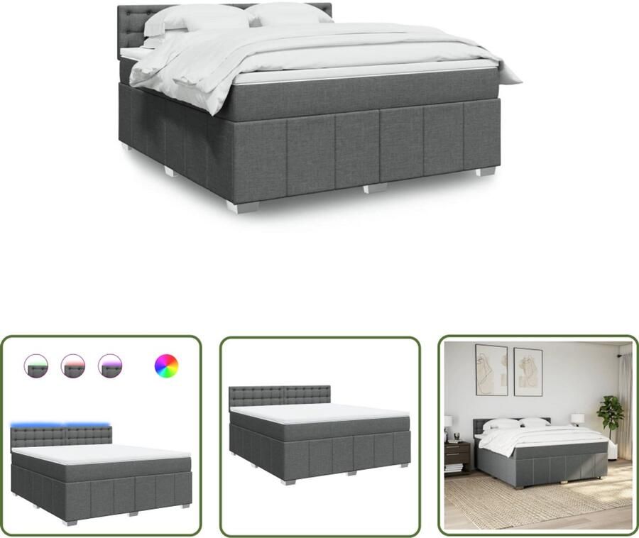 VidaXL Boxspring met matras stof donkergrijs 180x200 cm Boxspring Matras Led Verlichting Donkere Kleur Bedroom Decoratie