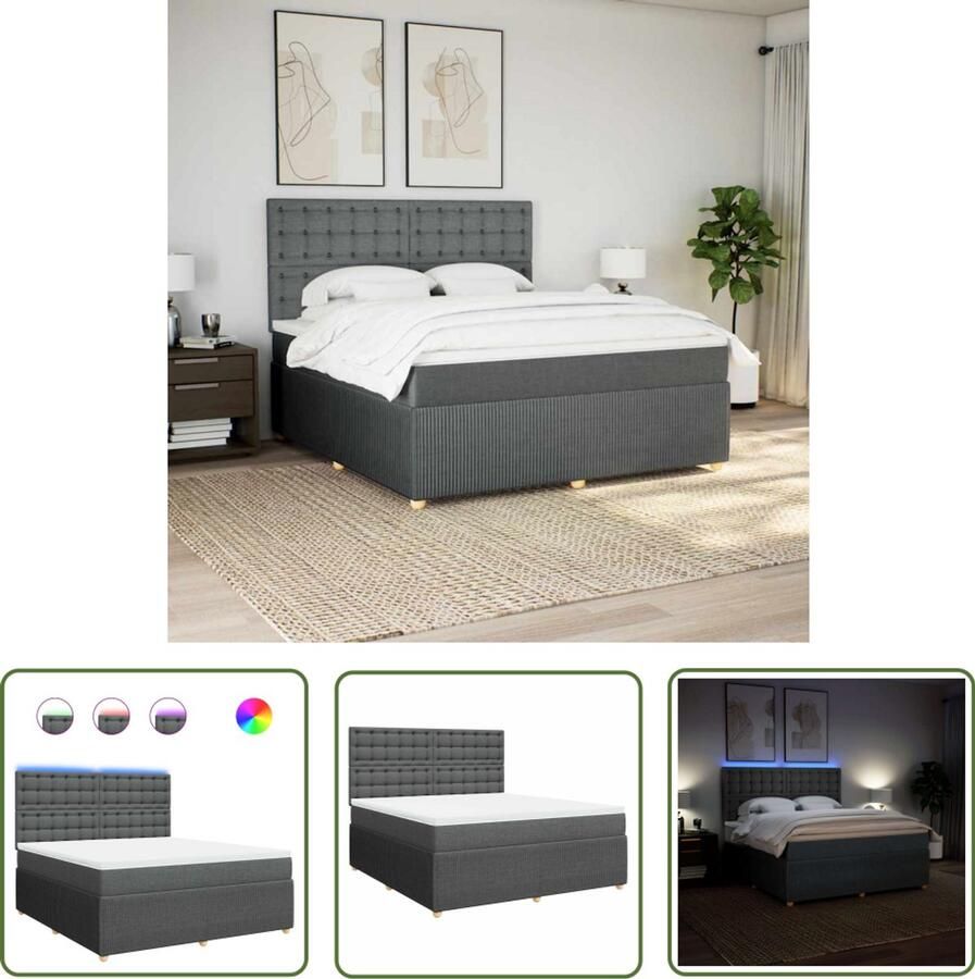 VidaXL Boxspring met matras stof donkergrijs 180x200 cm Boxspring Matras Led Verlichting Elektrisch Hoofdbord Pocketvering