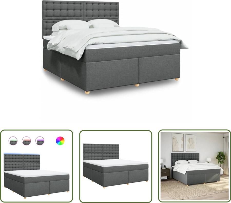 VidaXL Boxspring met matras stof donkergrijs 180x200 cm Boxspring Matras Led Verlichting Hoofdbord Pocketvering