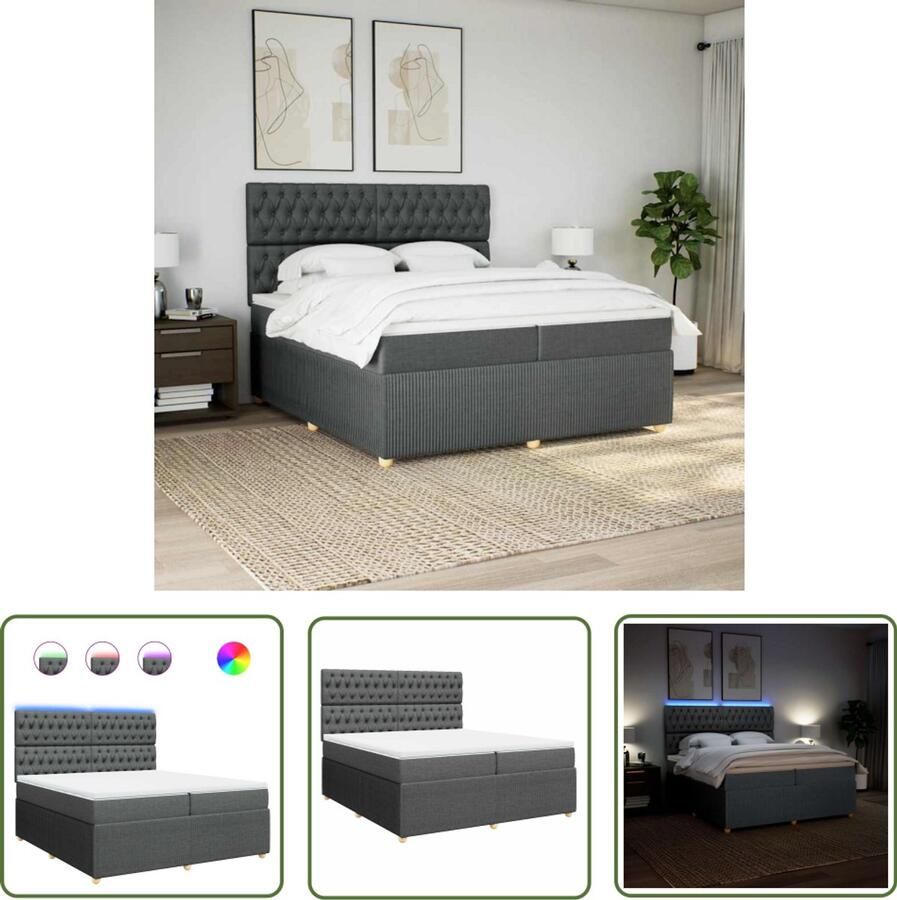 VidaXL Boxspring met matras stof donkergrijs 200x200 cm Boxspring Matras Led Verlichting Elektrisch Bed Slaapcomfort