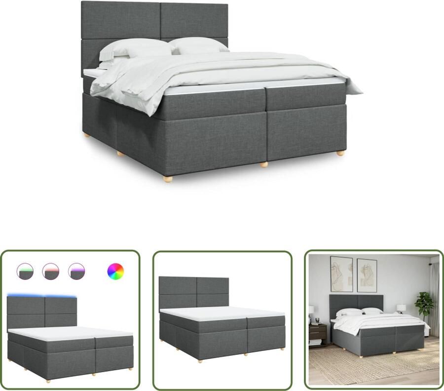 VidaXL Boxspring met matras stof donkergrijs 200x200 cm Boxspring Matras Led Verlichting Elektrisch Hoofdbord Pocketvering