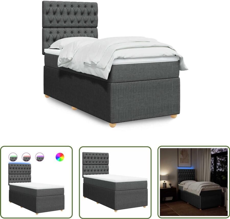 VidaXL Boxspring met matras stof donkergrijs 90x190 cm Boxspring Matras Led Verlichting Boxspringbed Donkere Grijze Boxspring