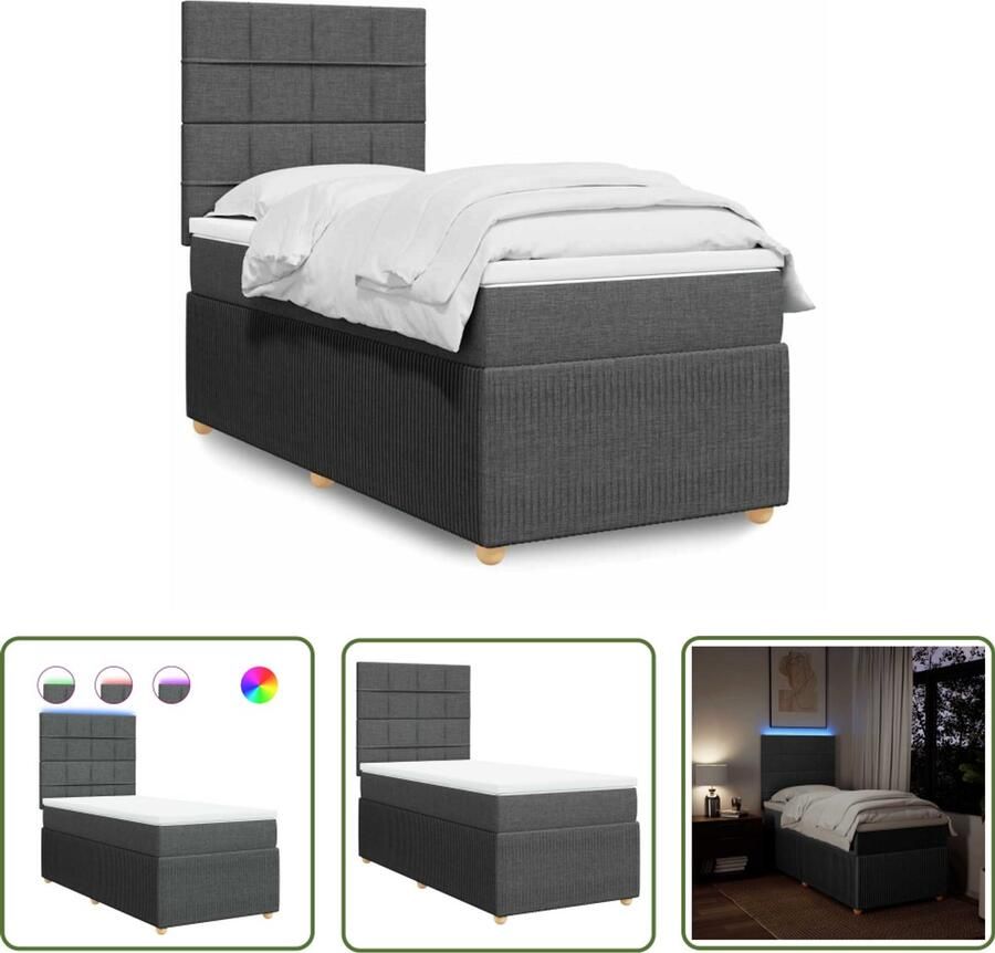 VidaXL Boxspring met matras stof donkergrijs 90x190 cm Boxspring Matras Led Verlichting Hoofdbord Dark Grey
