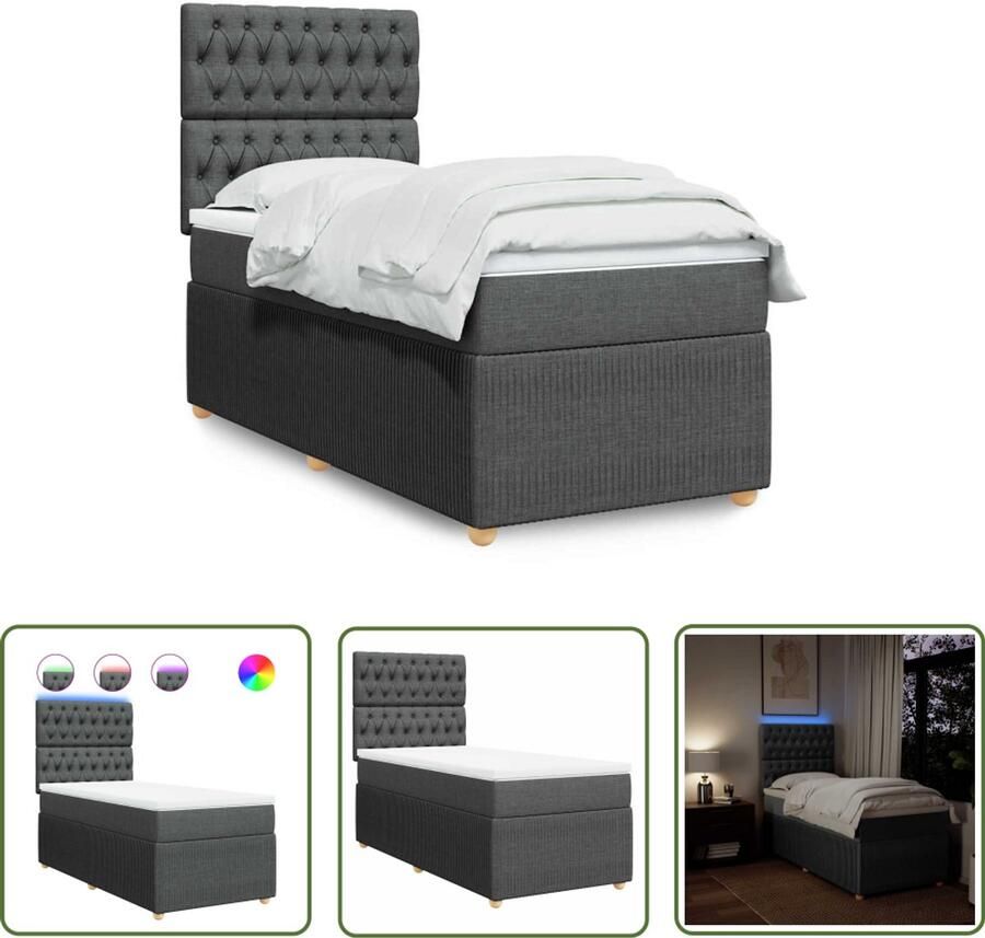 VidaXL Boxspring met matras stof donkergrijs 90x200 cm Boxspring Matras Led Verlichting Elektrisch Hoofdbord Pocketvering