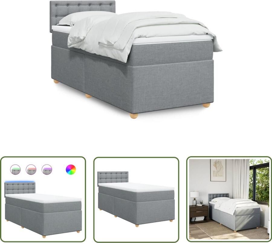 VidaXL Boxspring met matras stof lichtgrijs 100x200 cm Boxspring Matras Led Lamp Bedroom Furniture Slaapcomfort
