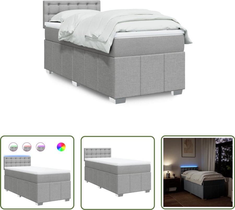 VidaXL Boxspring met matras stof lichtgrijs 100x200 cm Boxspring Matras Led-lamp Slaapkamer Bed Frame