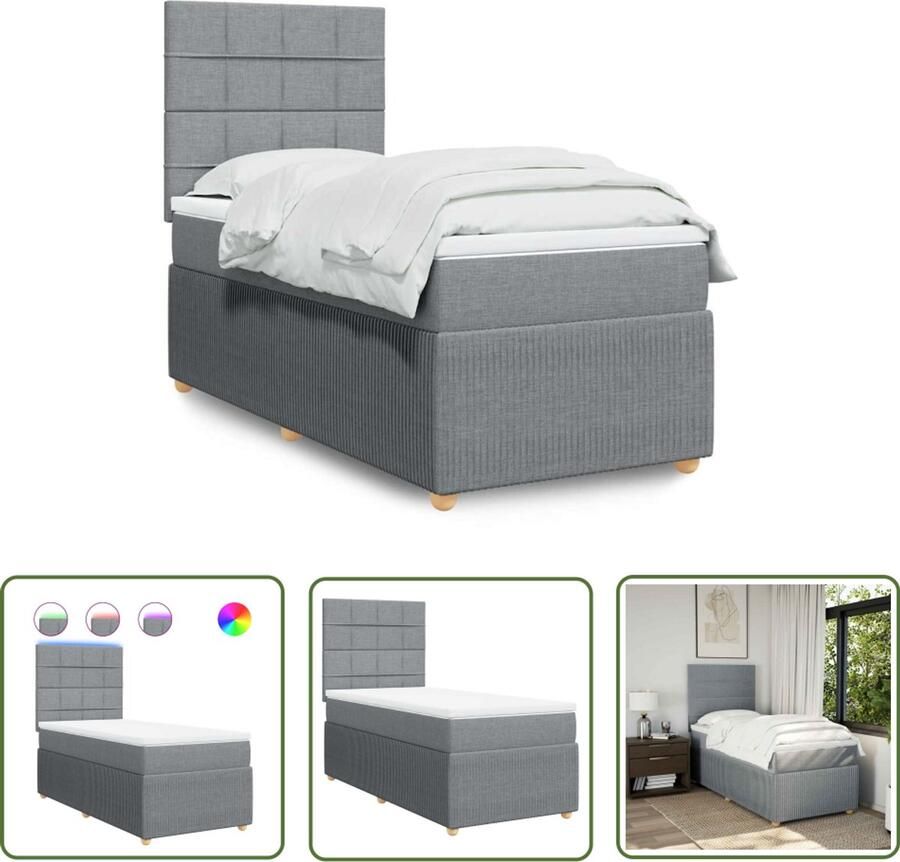 VidaXL Boxspring met matras stof lichtgrijs 100x200 cm Boxspring Matras Led Verlichting Hoofdbord Bedroom Furniture