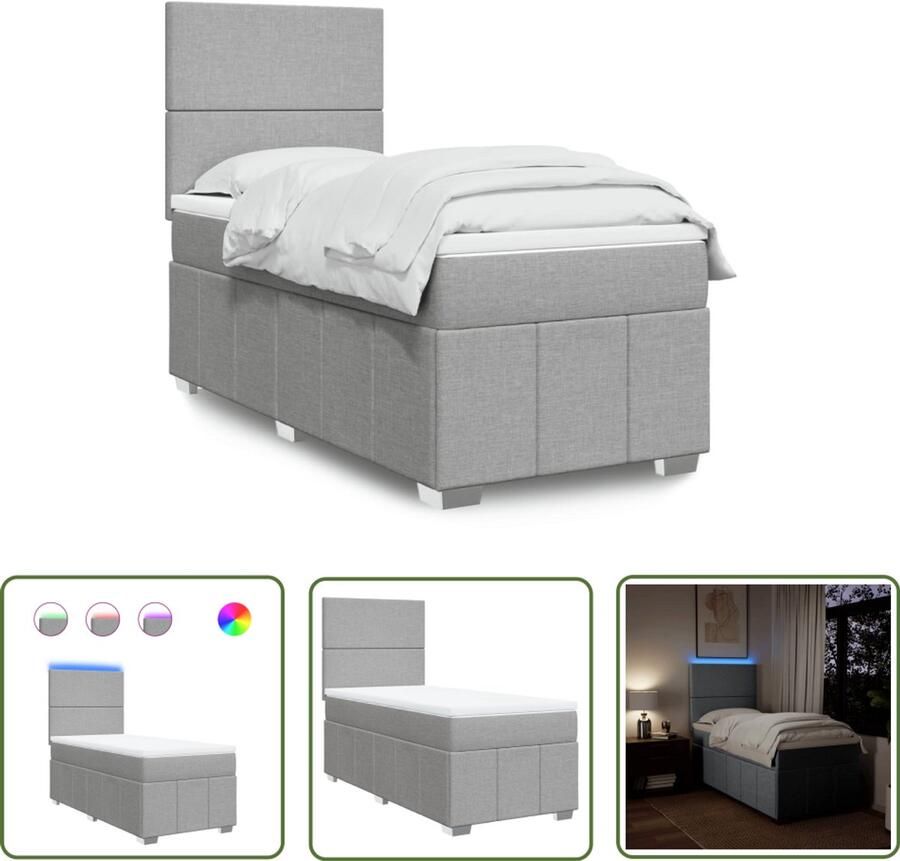 VidaXL Boxspring met matras stof lichtgrijs 100x200 cm Boxspring Matras Led Verlichting Hoofdbord Pocketvering