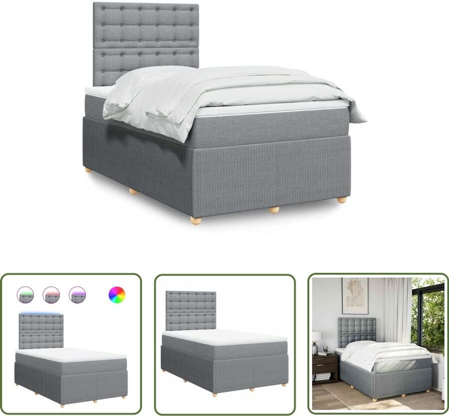 VidaXL Boxspring met matras stof lichtgrijs 120x190 cm Boxspring Matras Led Verlichting Elektrisch Hoofdbord Pocketvering