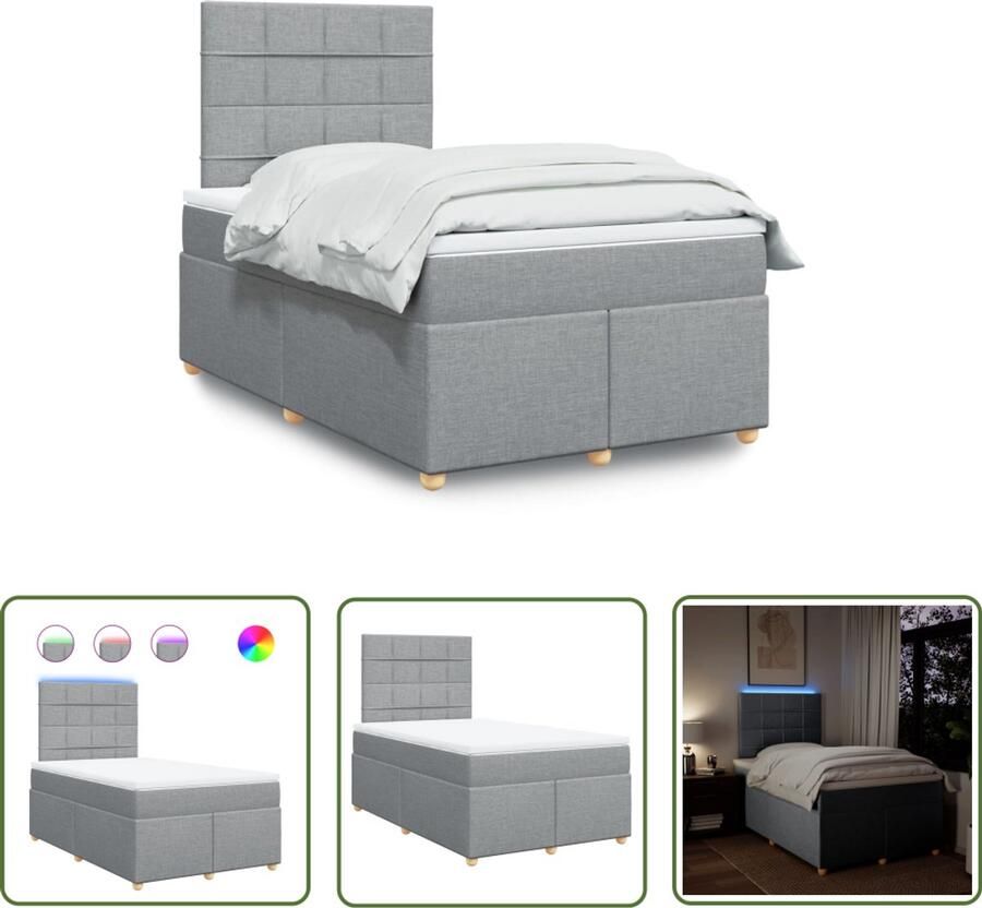 VidaXL Boxspring met matras stof lichtgrijs 120x200 cm Boxspring Matras Led Verlichting Hoofdbord Pocketvering