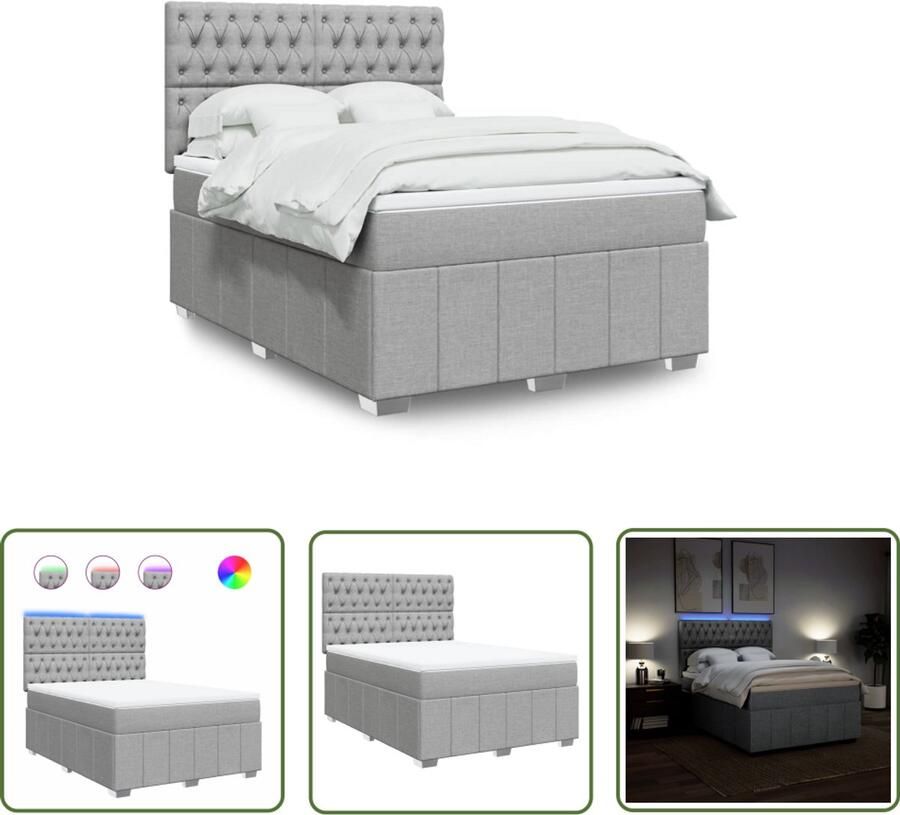 VidaXL Boxspring met matras stof lichtgrijs 140x190 cm Boxspring Matras Led Verlichting Elektrisch Hoofdbord Pocketvering