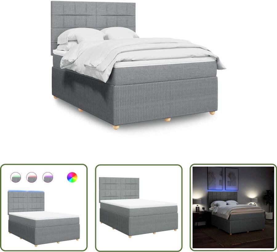 VidaXL Boxspring met matras stof lichtgrijs 140x190 cm Boxspring Matras Led Verlichting Hoofdbord Bedroom Furniture