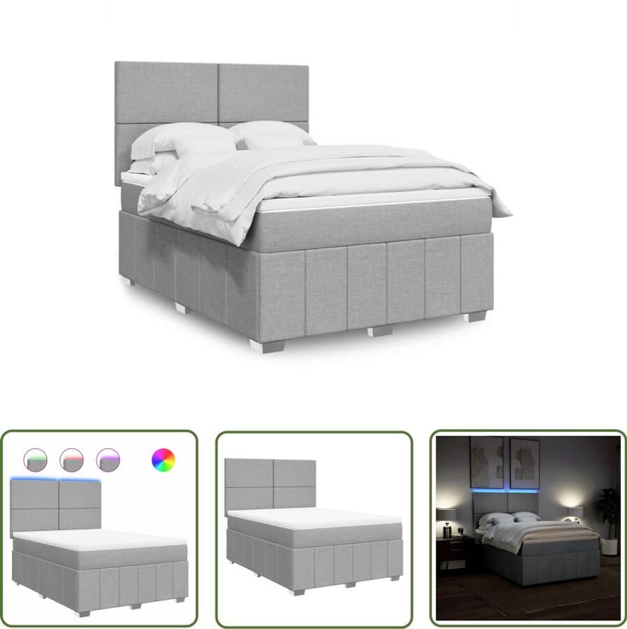 VidaXL Boxspring met matras stof lichtgrijs 140x200 cm Boxspring Matras Led Verlichting Boxspring Bed Bedroom Furniture