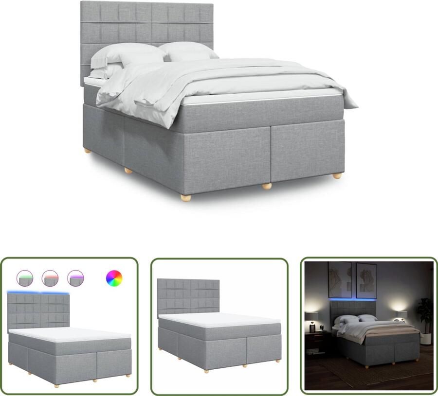 VidaXL Boxspring met matras stof lichtgrijs 140x200 cm Boxspring Matras Led Verlichting Elektrisch Verstelbaar Pocketvering