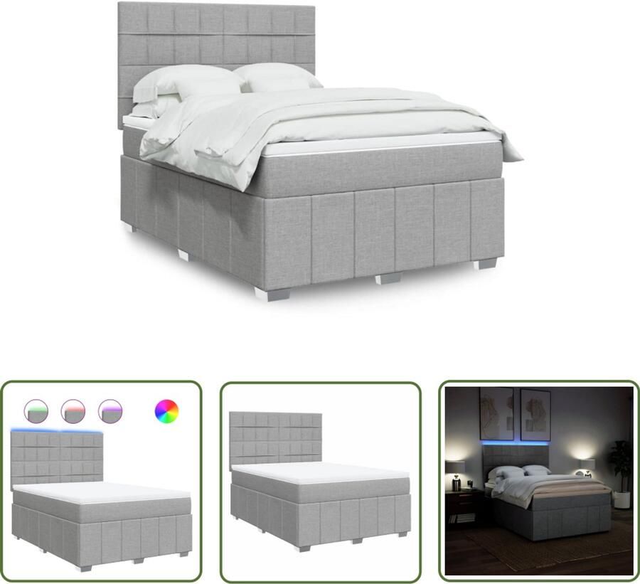 VidaXL Boxspring met matras stof lichtgrijs 140x200 cm Boxspring Matras Led Verlichting Hoofdbord Pocketvering