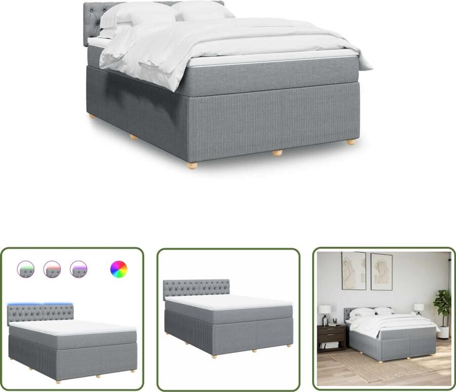 VidaXL Boxspring met matras stof lichtgrijs 140x200 cm Boxspring Matras Led Verlichting Pocketvering Comfortabel