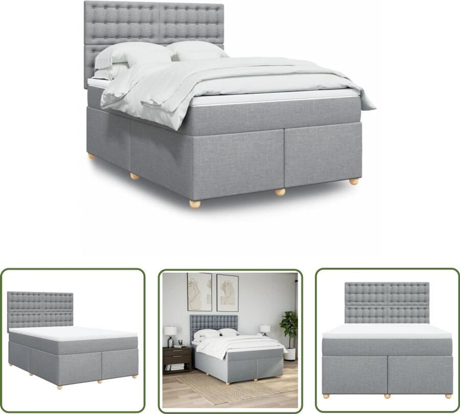 VidaXL Boxspring met matras stof lichtgrijs 140x200 cm Boxspring Matras Pocketvering Bed Frame Hoofdbord