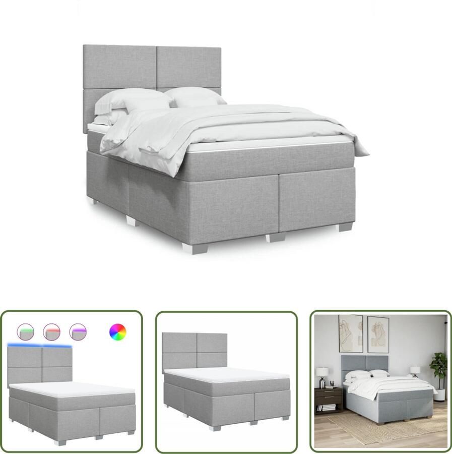 VidaXL Boxspring met matras stof lichtgrijs 160x200 cm Boxspring Matras Led Verlichting Hoofdbord Bedroom Furniture