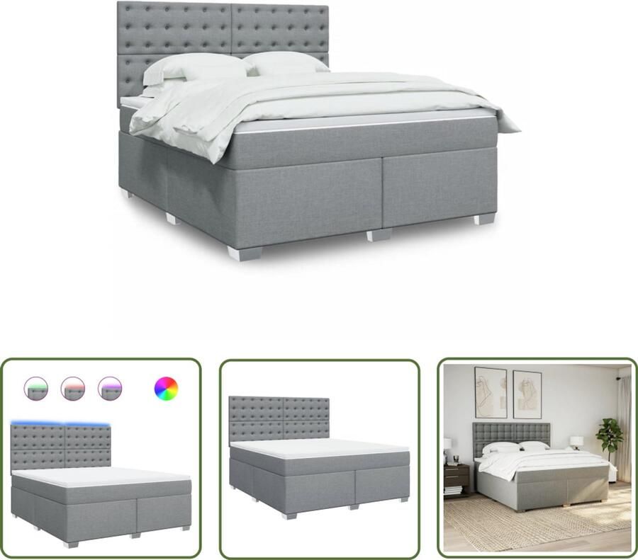 VidaXL Boxspring met matras stof lichtgrijs 180x200 cm Boxspring Matras Led Verlichting Boxspringbed Bedroom Furniture