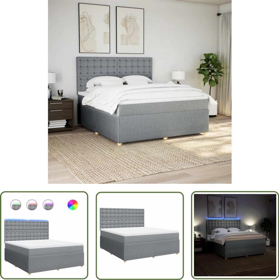VidaXL Boxspring met matras stof lichtgrijs 180x200 cm Boxspring Matras Led Verlichting Hoofdbord Bedroom Furniture