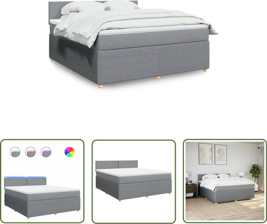 VidaXL Boxspring met matras stof lichtgrijs 180x200 cm Boxspring Matras Led Verlichting Pocketvering Comfortabel